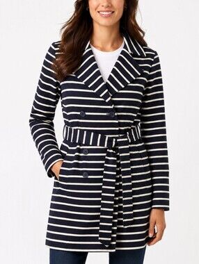 Ann Taylor LOFT Women's M Navy Cream Striped 100% Cotton Belted Trench Coat